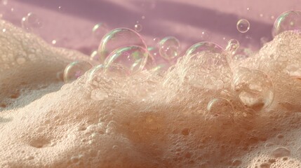 Fototapeta premium Ethereal Soap Bubbles: Iridescent Reflections on Frothy Surface, Dreamy Pink Background