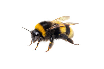 Bumblebee with yellow and black fuzzy stripes, translucent wings extended, captured in detailed side view, isolated on a transparent background