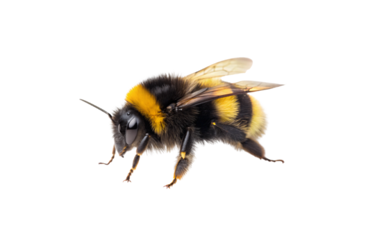 Bumblebee with yellow and black fuzzy stripes, translucent wings extended, captured in detailed side view, isolated on a transparent background