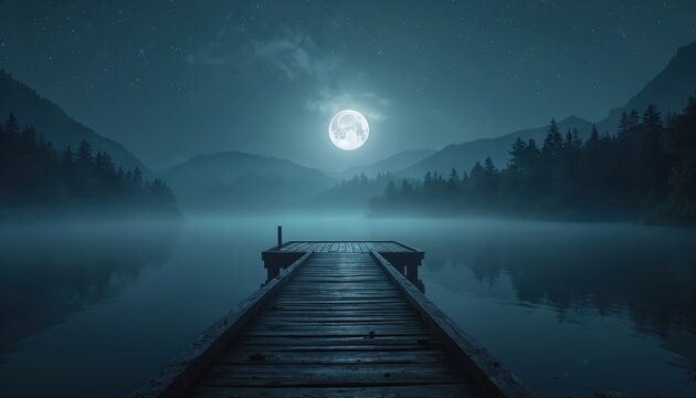Wooden dock leads into calm lake under full moon at night. Forest silhouettes line horizon. Misty atmosphere creates peaceful mystic nature scene. Stars glow in blue night sky above.