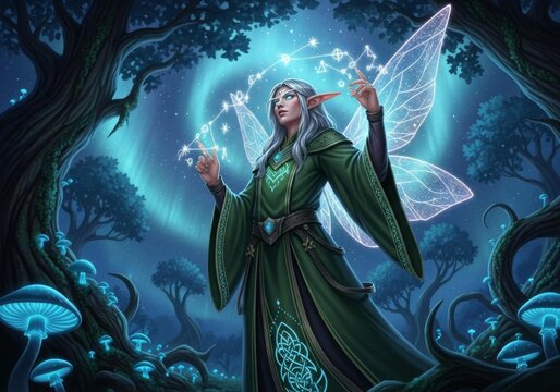 Magical Forest Elf with Translucent Wings Wearing Green Robe Casting Spell - Powered by Adobe