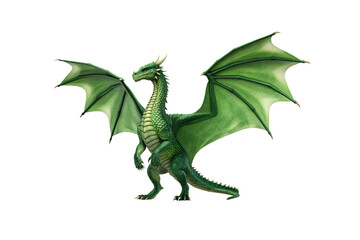 Obraz premium Green dragon with scaled texture, large membranous wings spread wide, horned head, standing in powerful stance, isolated on a transparent background