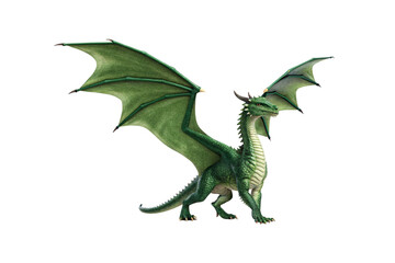 Fototapeta premium Green dragon with extended wings, detailed scales, horns and spines, cream-colored underbelly, side profile view captured, isolated on a transparent background