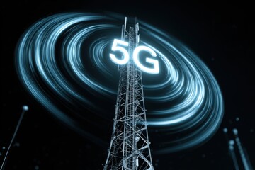 5G Wireless Tower Radiating Signal Waves Against a Dark Background