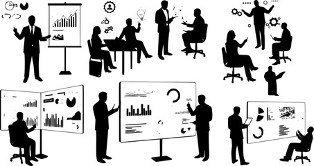 Obraz premium Business & Innovation Silhouettes: Professional Teamwork, Presentation, Data Analysis, Startup Vector Icon Set 