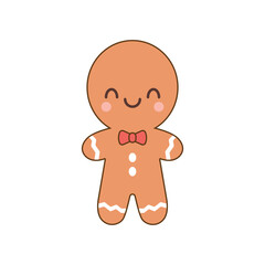 Cute cartoon gingerbread man with red bow tie, christmas cookie character illustration on white background, adorable festive dessert design in flat vector style perfect for holiday cards and decor.