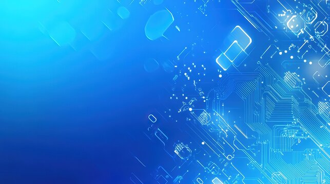 Blue Technology Background with Glowing Digital Circuit Patterns and White Geometric Shapes on Dark Gradient.