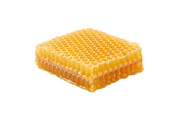 Golden honeycomb section showing hexagonal wax cells filled with natural honey from beehive, isolated on a transparent background