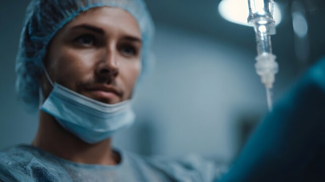 Medical professional in surgical gear intently adjusting an IV drip bag symbolizing healthcare and patient care - Powered by Adobe