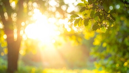 Obraz premium Bright sunlight beams through green forest foliage, creating a spring nature scene with bokeh and blur