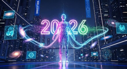Futuristic Glowing Man Figure with Colorful Numbers in Dark Cityscape