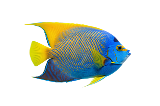 Vibrant blue and yellow queen angelfish with distinctive pattern swimming in profile, isolated on a transparent background