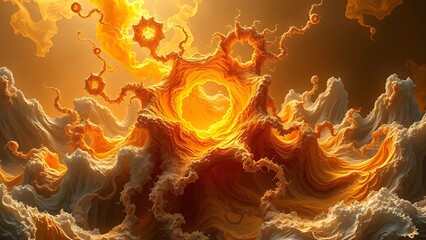 A gravity-defying golden fractal structure engulfed in chaotic energy waves, radiating molten brilliance.