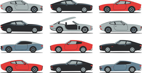Fototapeta premium Illustrated Collection of Classic Coupe Cars in Various Colors, Featuring Side Views and Unique Roof Styles