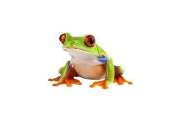 Red-eyed tree frog with brilliant green skin and orange webbed feet sitting upright facing forward, isolated on a transparent background