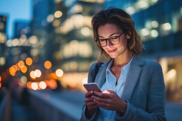 Businesswoman smiling and using smartphone for mobile banking