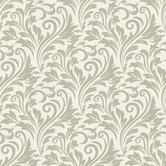 Elegant gray damask pattern on cream background, vector seamless damask pattern for wallpaper, and decorative damask pattern for modern interior design.