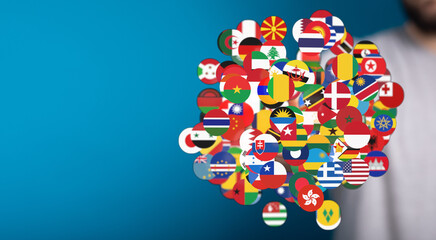 Diverse collection of world flags presented in a spherical form, symbolizing global connections,...