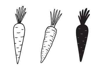 Three hand drawn carrots silhouette in solid outline art