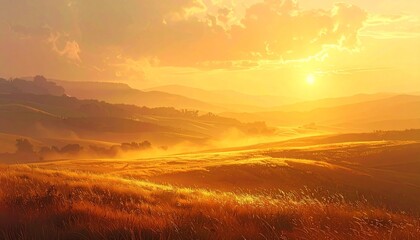 Fototapeta premium Beautiful summer morning sunrise over the majestic mountains, with orange and yellow sky and wispy clouds above a grassy field