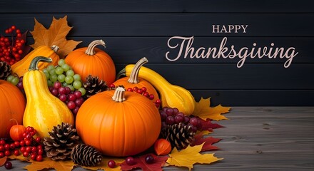 Happy thanksgiving greeting with pumpkins, gourds, grapes, berries, pine cones, and autumn leaves on a dark wooden background, celebrating the harvest season and holiday
