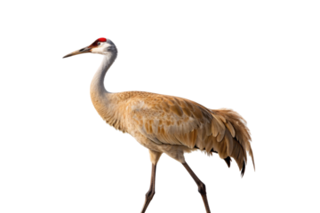 Sandhill crane side view elegant wading bird sandy beige feathers red cap graceful posture, isolated on a transparent background
