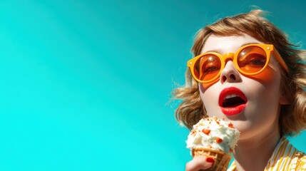 Obraz premium A stylish woman with bright sunglasses is enjoying a delicious ice cream cone, capturing the essence of summer fun, happiness, and carefree joy in vibrant colors.
