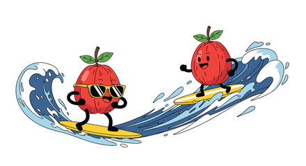Two animated apples are surfing on waves with smiles on their faces.