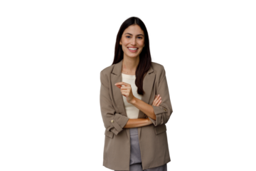 Confident businesswoman smiling, showing, presenting, pointing, with copy space, transparent background