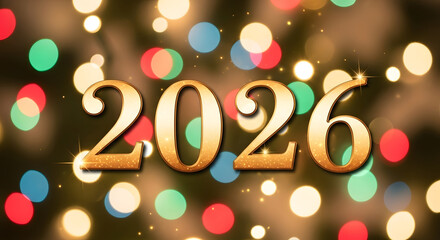 Golden year 2026 text overlay on a bokeh background of festive lights