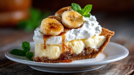 A delectable slice of banana cream pie topped with whipped cream and fresh bananas, enticing viewers with its rich layers and inviting presentation on a rustic plate.