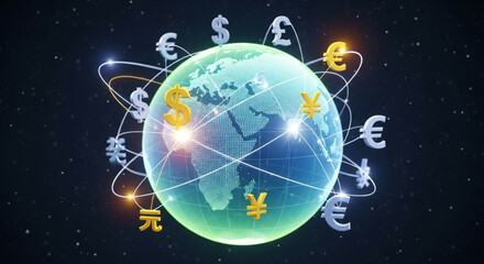 Fototapeta premium Global finance and currency exchange concept with a digital earth and various currency symbols floating around it