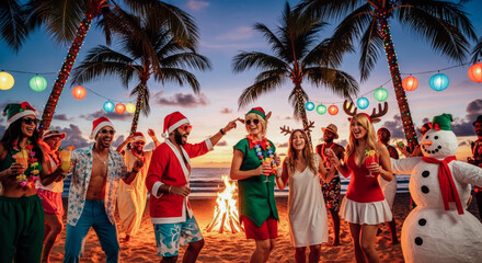 Joyful group celebrating Christmas on a tropical beach at sunset, dancing around a bonfire with festive decorations and drinks.