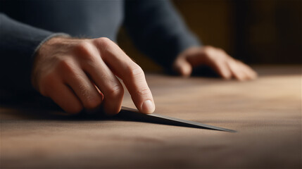 Fototapeta premium Close up of male hand writing with pencil on wooden desk, symbolizing creativity, education, business planning and workplace productivity with copy space.