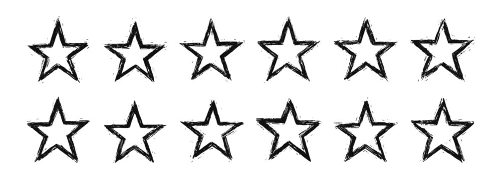 Black grunge star icons set, vector illustration of five pointed star symbols collection on transparent background