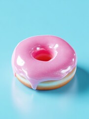Delicious pink glazed donut on a vibrant blue background perfect for food bloggers and social media marketing trendy delicious