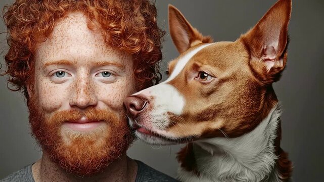 Happy redhead man with freckles smiling as brown dog licks his face