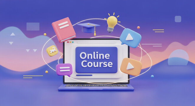 Captivating 3d animation of online course with laptop, book, graduation cap, light bulb and speech bubble for education