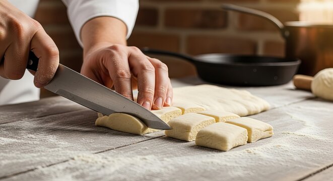 Chef Cutting Beignet Dough into Squares