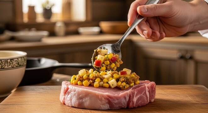 Chef Stuffing Pork Chop with Apple Corn Filling