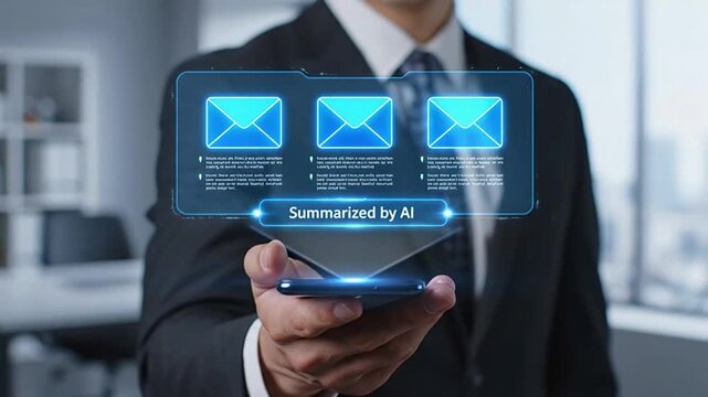 AI Summarizes Emails on Phone Hologram in Futuristic Office