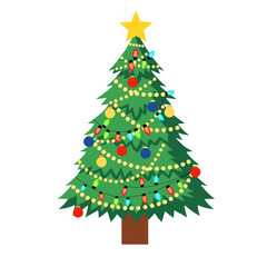Christmas tree with lights and ornaments, isolated on transparent background 