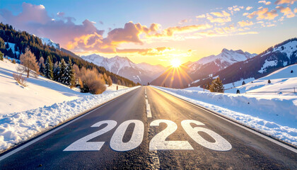 Strasse 2026 geschrieben im Hintergrund Berge mit Schnee 
