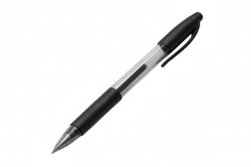 Ballpoint pen with transparent barrel and black rubber grip for writing, studying, or office work
