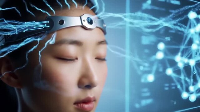 The fusion of human consciousness and artificial intelligence through a futuristic brain-computer interface worn by a woman
