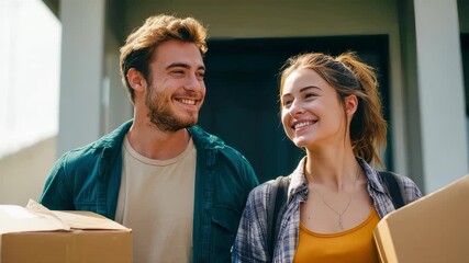 Smiling young couple carrying cardboard boxes, moving into their new home