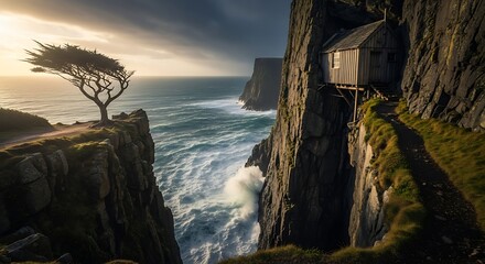 Solitary windswept tree clings to cliff edge above crashing ocean waves and a remote cabin.