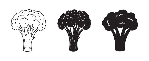 Hand drawn broccoli vegetable silhouette set