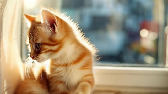 Adorable orange tabby kitten sits by a sunlit window, gazing curiously at the camera.