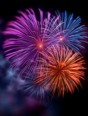 Spektakuläres buntes Feuerwerk am Nachthimmel in Orange Pink und Blau